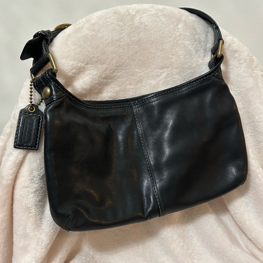 Coach Midnight Black Leather Shoulder Bag with Boho Brass Buckle